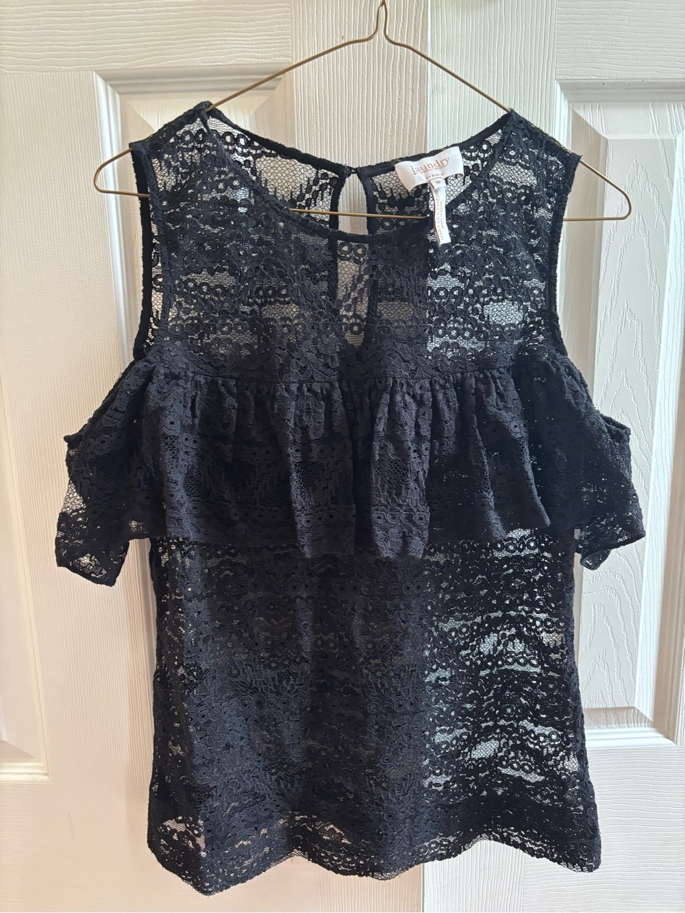 Laundry By Shelli Segal Black Lace Ruffle Cold-Shoulder Top